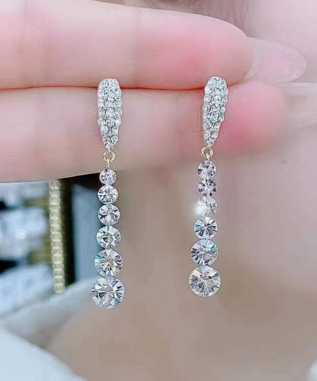 Fine Gold Sterling Silver Alloy Zircon Water Drop Tassel Drop Earrings