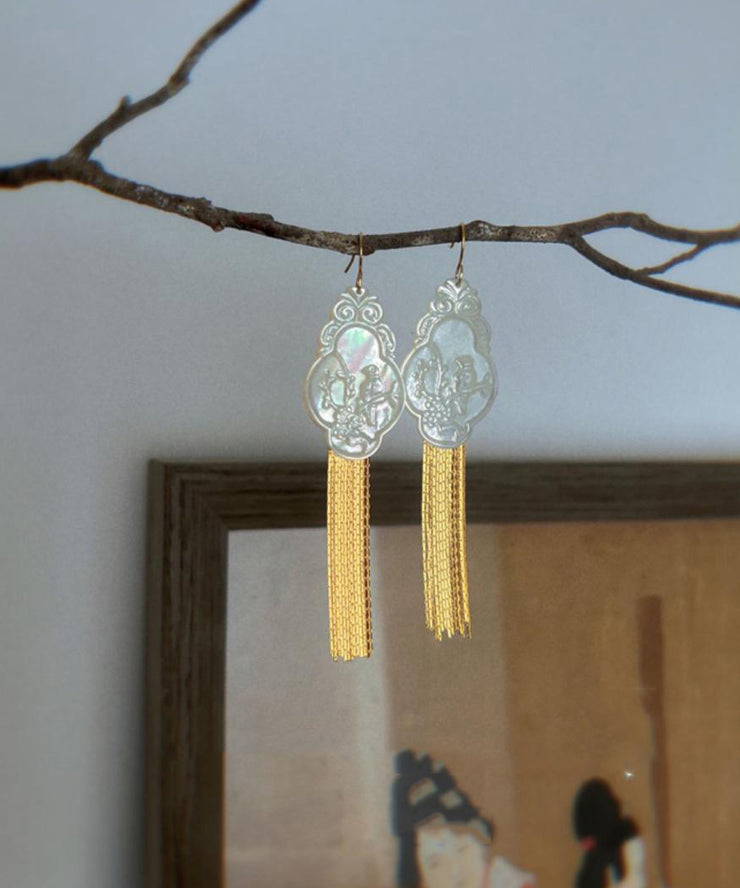 Fine Gold Sterling Silver Overgild Shell Magpie Tassel Drop Earrings