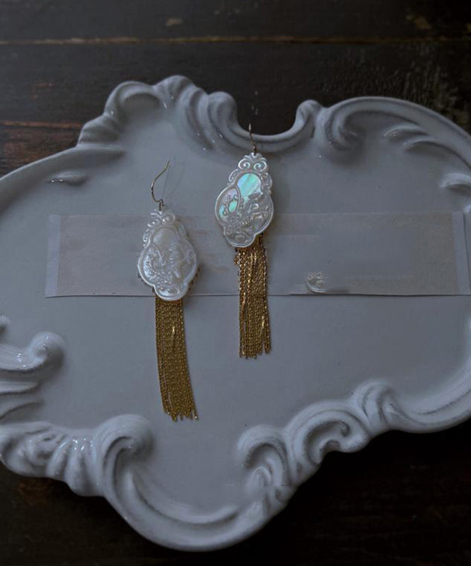 Fine Gold Sterling Silver Overgild Shell Magpie Tassel Drop Earrings