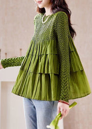 Fine Grass Green Patchwork Wrinkled Blouse Top Fall