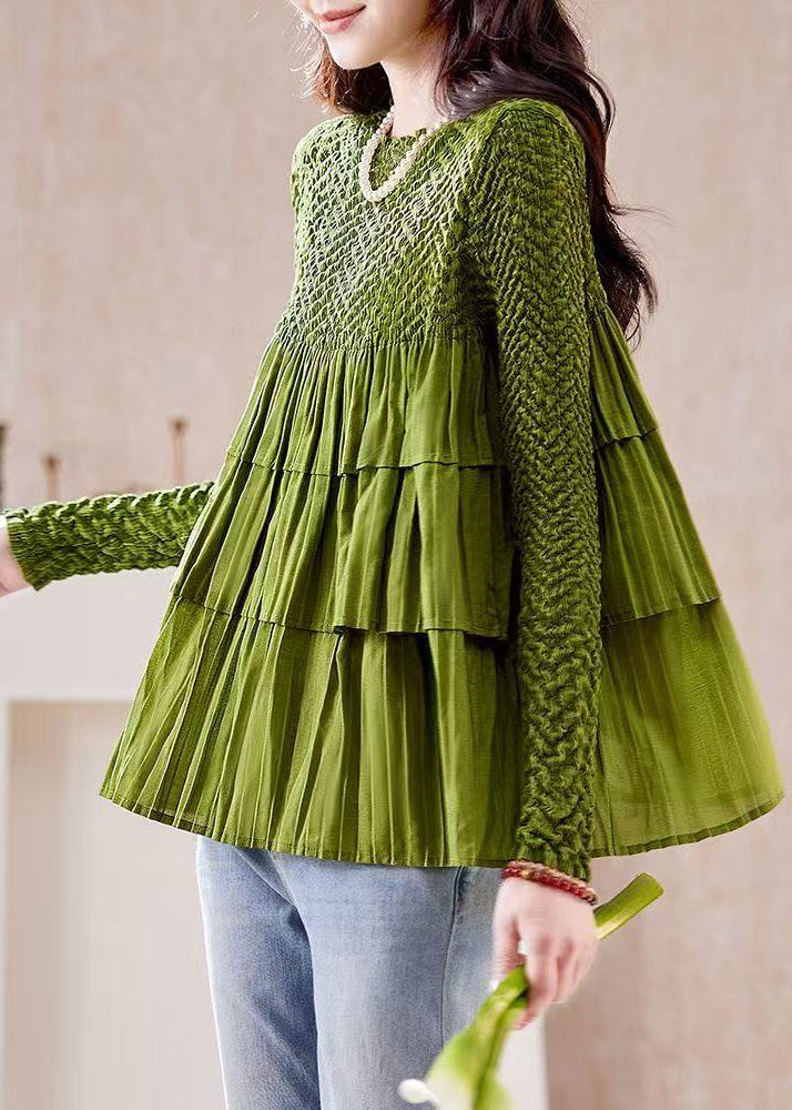 Fine Grass Green Patchwork Wrinkled Blouse Top Fall