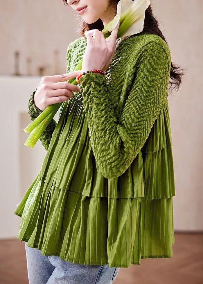 Fine Grass Green Patchwork Wrinkled Blouse Top Fall