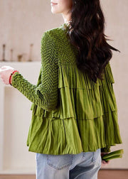 Fine Grass Green Patchwork Wrinkled Blouse Top Fall