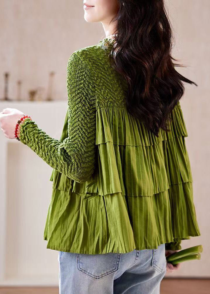Fine Grass Green Patchwork Wrinkled Blouse Top Fall