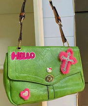 Fine Green Embroidery Fuzzy Decorated Faux Leather Satchel Handbag