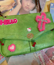 Fine Green Embroidery Fuzzy Decorated Faux Leather Satchel Handbag
