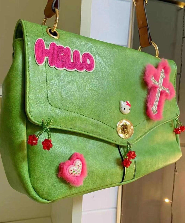 Fine Green Embroidery Fuzzy Decorated Faux Leather Satchel Handbag