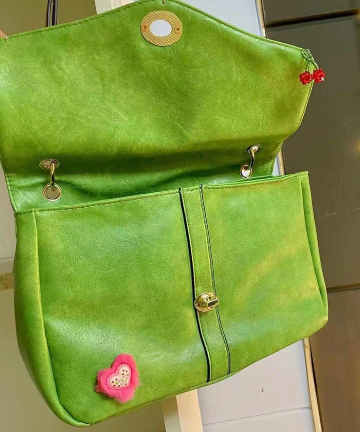 Fine Green Embroidery Fuzzy Decorated Faux Leather Satchel Handbag