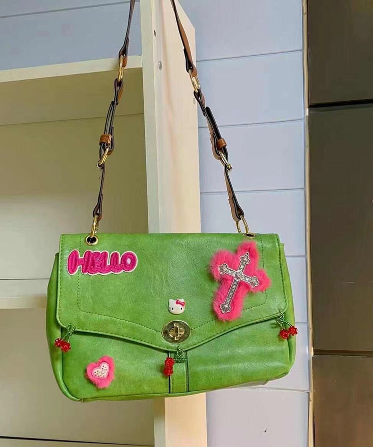 Fine Green Embroidery Fuzzy Decorated Faux Leather Satchel Handbag