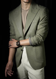 Fine Green Notched Button Solid Spandex Men Coat Fall