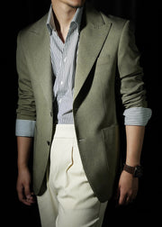 Fine Green Notched Button Solid Spandex Men Coat Fall
