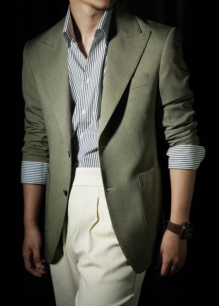 Fine Green Notched Button Solid Spandex Men Coat Fall