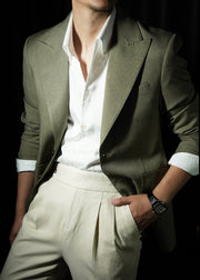 Fine Green Notched Button Solid Spandex Men Coat Fall