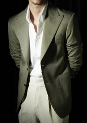 Fine Green Notched Button Solid Spandex Men Coat Fall