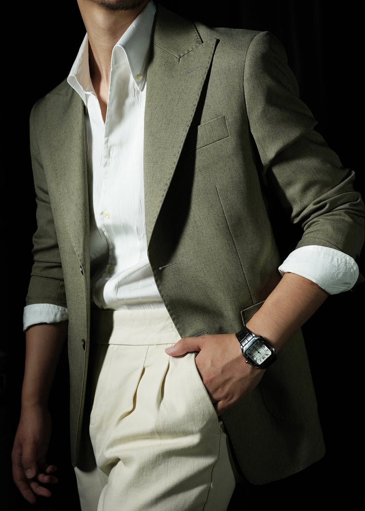 Fine Green Notched Button Solid Spandex Men Coat Fall