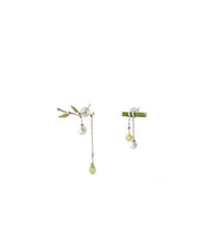 Fine Green Sterling Silver Inlaid Bamboo Leaf Pearl Water Drop Tassel Drop Earrings