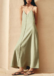 Fine Green V Neck Backless Linen Spaghetti Strap Dress Sleeveless