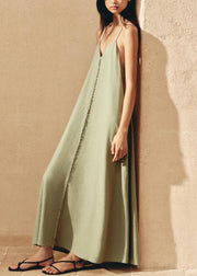 Fine Green V Neck Backless Linen Spaghetti Strap Dress Sleeveless