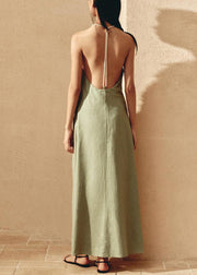 Fine Green V Neck Backless Linen Spaghetti Strap Dress Sleeveless