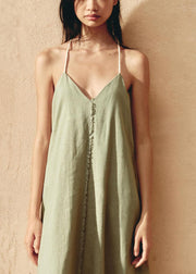 Fine Green V Neck Backless Linen Spaghetti Strap Dress Sleeveless