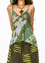 Fine Green V Neck Print Patchwork Vest Summer