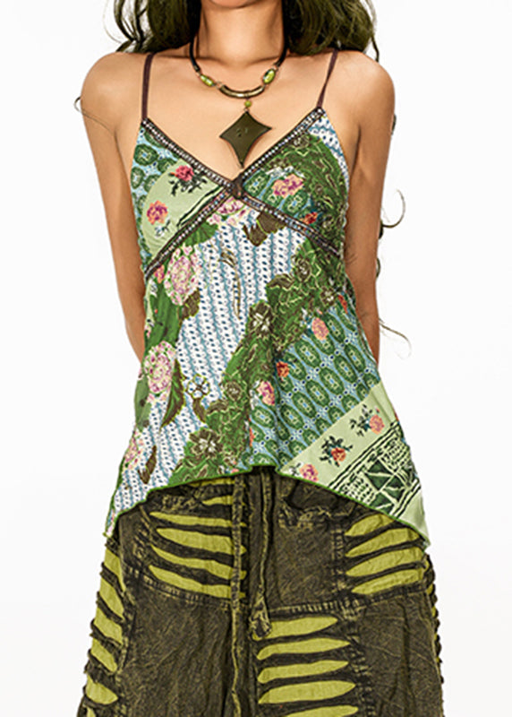 Fine Green V Neck Print Patchwork Vest Summer
