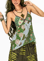 Fine Green V Neck Print Patchwork Vest Summer