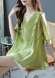 Fine Green V Neck Ruffled Patchwork Cotton Blouses Summer