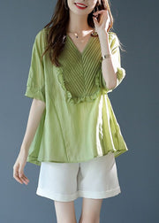 Fine Green V Neck Ruffled Patchwork Cotton Blouses Summer