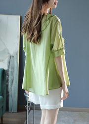 Fine Green V Neck Ruffled Patchwork Cotton Blouses Summer