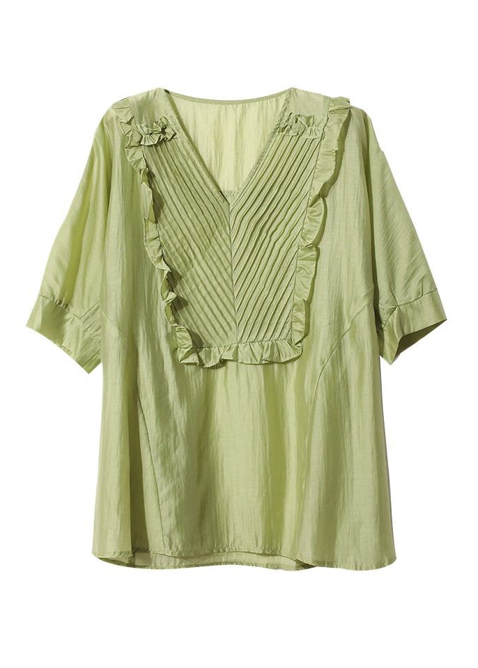 Fine Green V Neck Ruffled Patchwork Cotton Blouses Summer