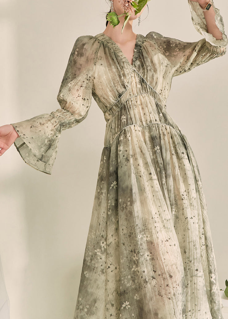 Fine Green V Neck Ruffled Tunic Chiffon Maxi Dress Lantern Sleeve
