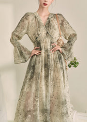 Fine Green V Neck Ruffled Tunic Chiffon Maxi Dress Lantern Sleeve