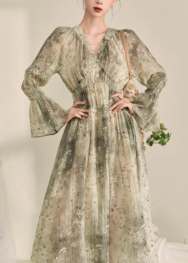 Fine Green V Neck Ruffled Tunic Chiffon Maxi Dress Lantern Sleeve