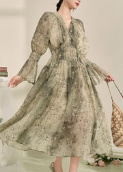 Fine Green V Neck Ruffled Tunic Chiffon Maxi Dress Lantern Sleeve
