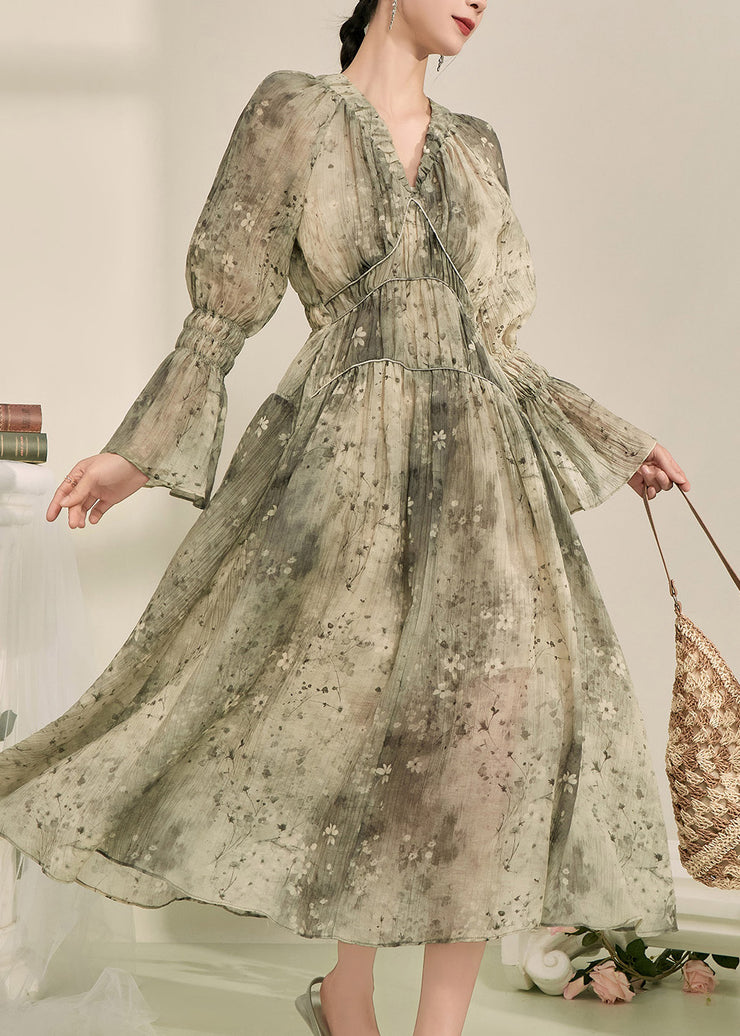 Fine Green V Neck Ruffled Tunic Chiffon Maxi Dress Lantern Sleeve