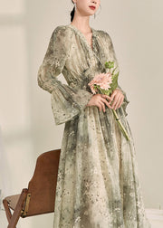 Fine Green V Neck Ruffled Tunic Chiffon Maxi Dress Lantern Sleeve