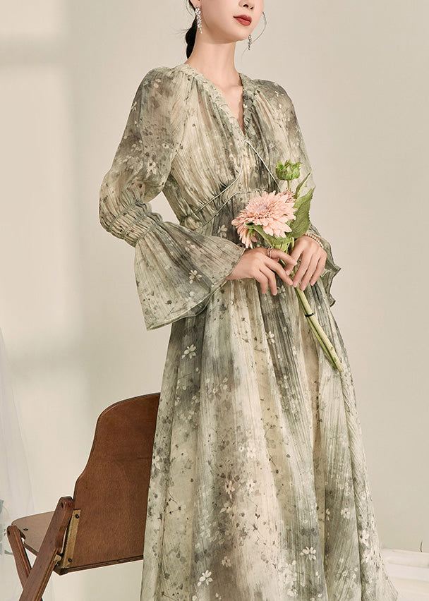 Fine Green V Neck Ruffled Tunic Chiffon Maxi Dress Lantern Sleeve