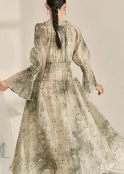 Fine Green V Neck Ruffled Tunic Chiffon Maxi Dress Lantern Sleeve