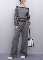 Fine Grey Cold Shoulder Patchwork Cotton Two-Piece Set Summer