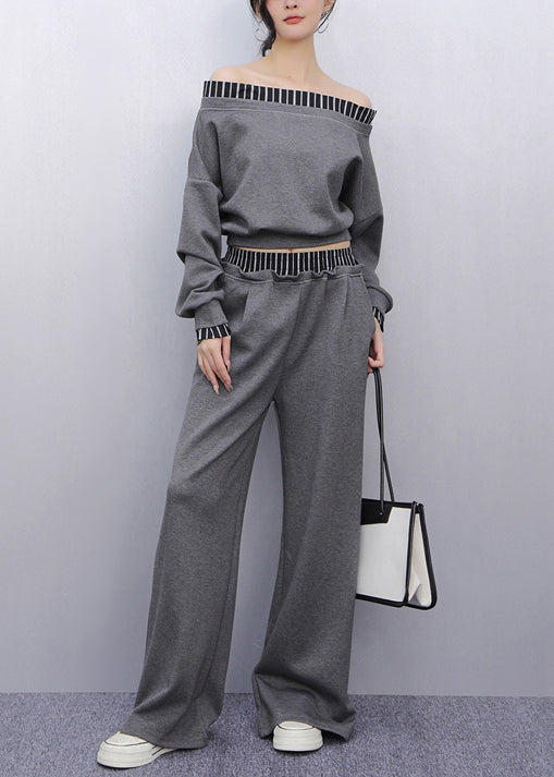 Fine Grey Cold Shoulder Patchwork Cotton Two-Piece Set Summer