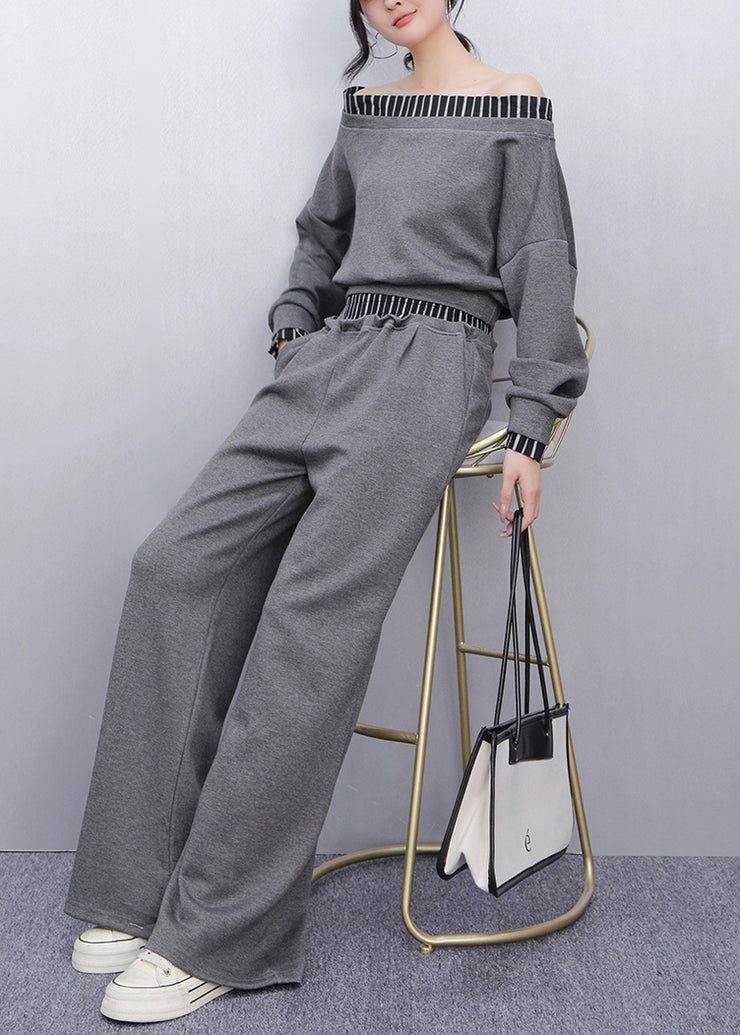 Fine Grey Cold Shoulder Patchwork Cotton Two-Piece Set Summer