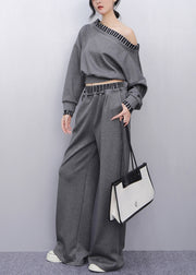 Fine Grey Cold Shoulder Patchwork Cotton Two-Piece Set Summer