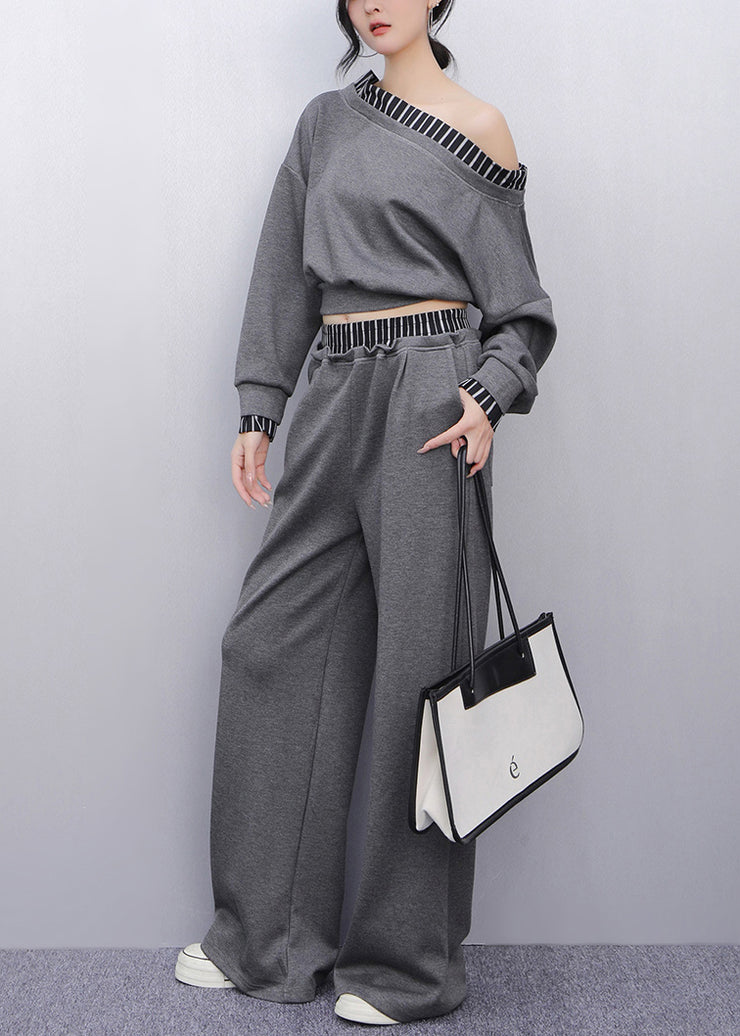 Fine Grey Cold Shoulder Patchwork Cotton Two-Piece Set Summer
