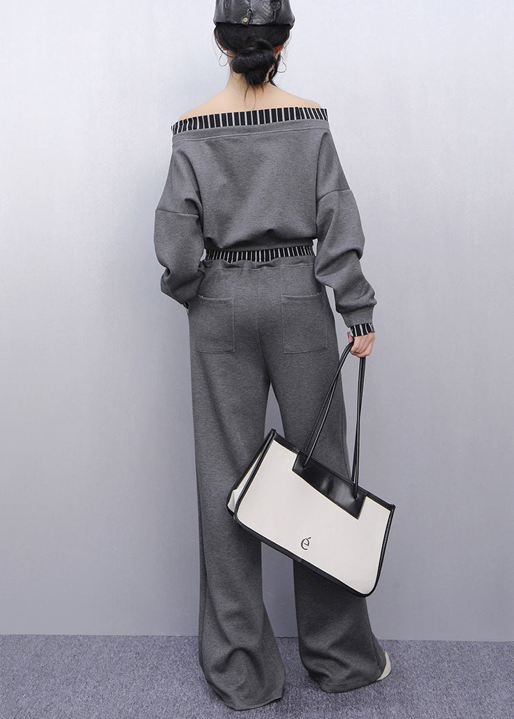 Fine Grey Cold Shoulder Patchwork Cotton Two-Piece Set Summer