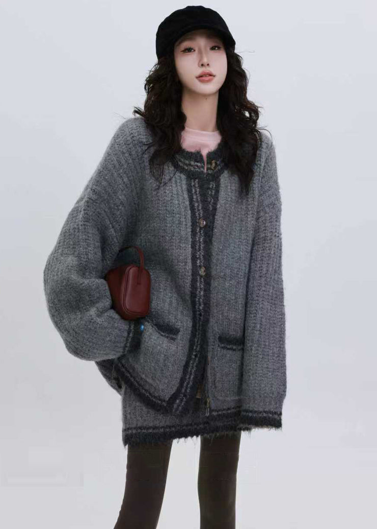 Fine Grey Oversized Patchwork Knit Two Pieces Set Winter
