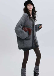 Fine Grey Oversized Patchwork Knit Two Pieces Set Winter