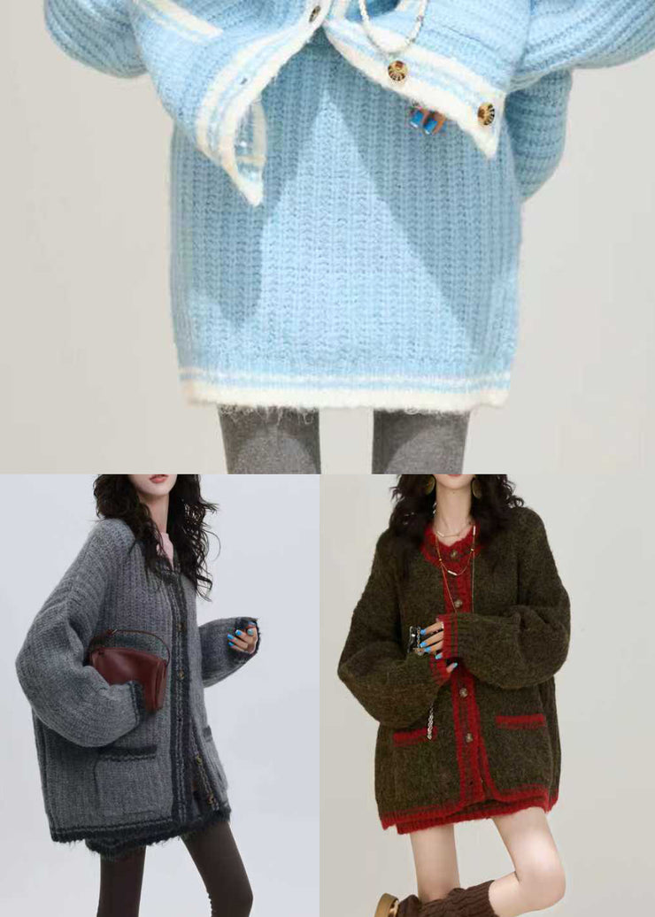 Fine Grey Oversized Patchwork Knit Two Pieces Set Winter