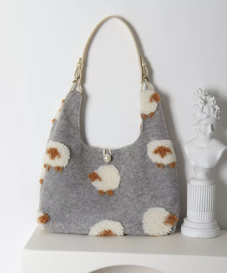 Fine Grey Sheep Jacquard Fuzzy Fur Fluffy Shoulder Bags