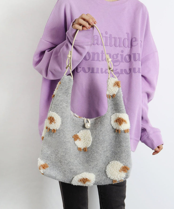 Fine Grey Sheep Jacquard Fuzzy Fur Fluffy Shoulder Bags